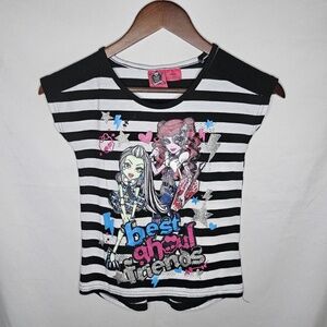 Girls Monster High Stripe Best Ghoul Friends Shirt Glitter Grunge Goth Emo M 7 8